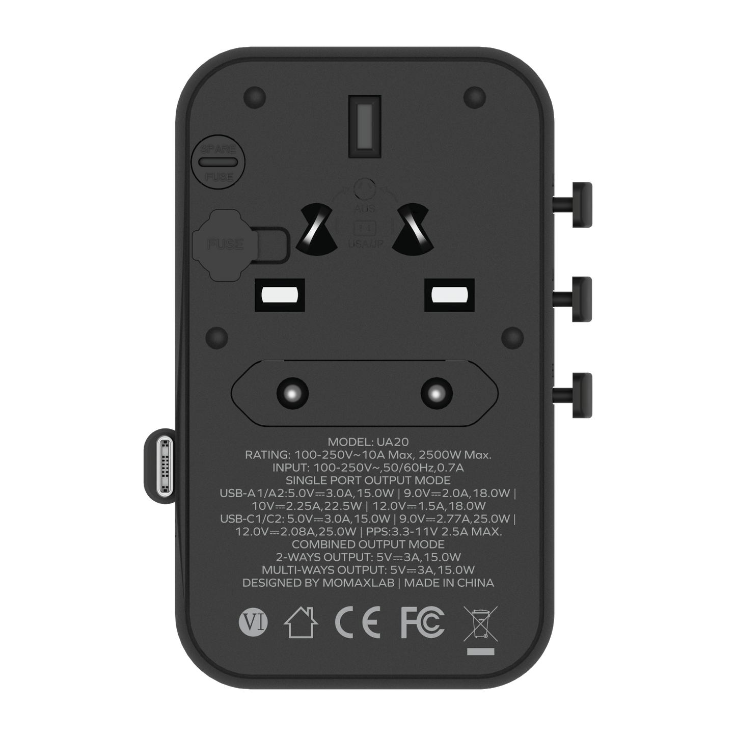 1-World+ 3-Port Travel Charger Built-In USB-C Cable 25W