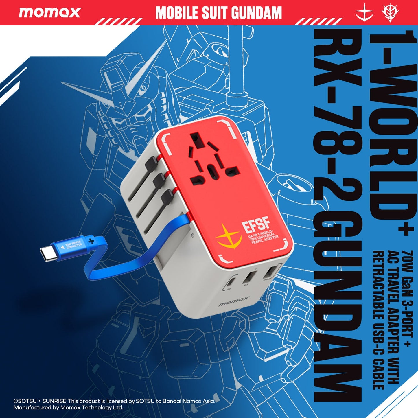 1-World+ 3-Port Travel GaN Charger With Built-in USB-C Cable 70W - Limited Edition
