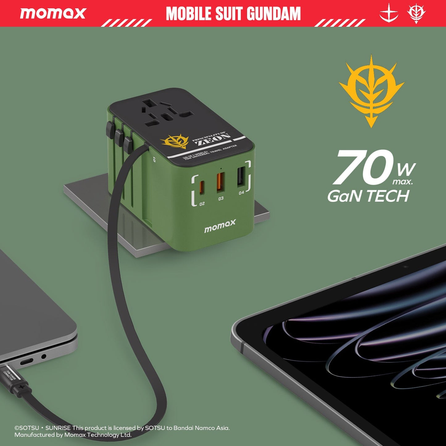 1-World+ 3-Port Travel GaN Charger With Built-in USB-C Cable 70W - Limited Edition