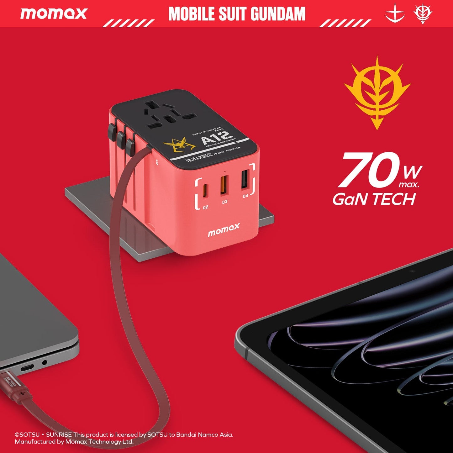 1-World+ 3-Port Travel GaN Charger With Built-in USB-C Cable 70W - Limited Edition