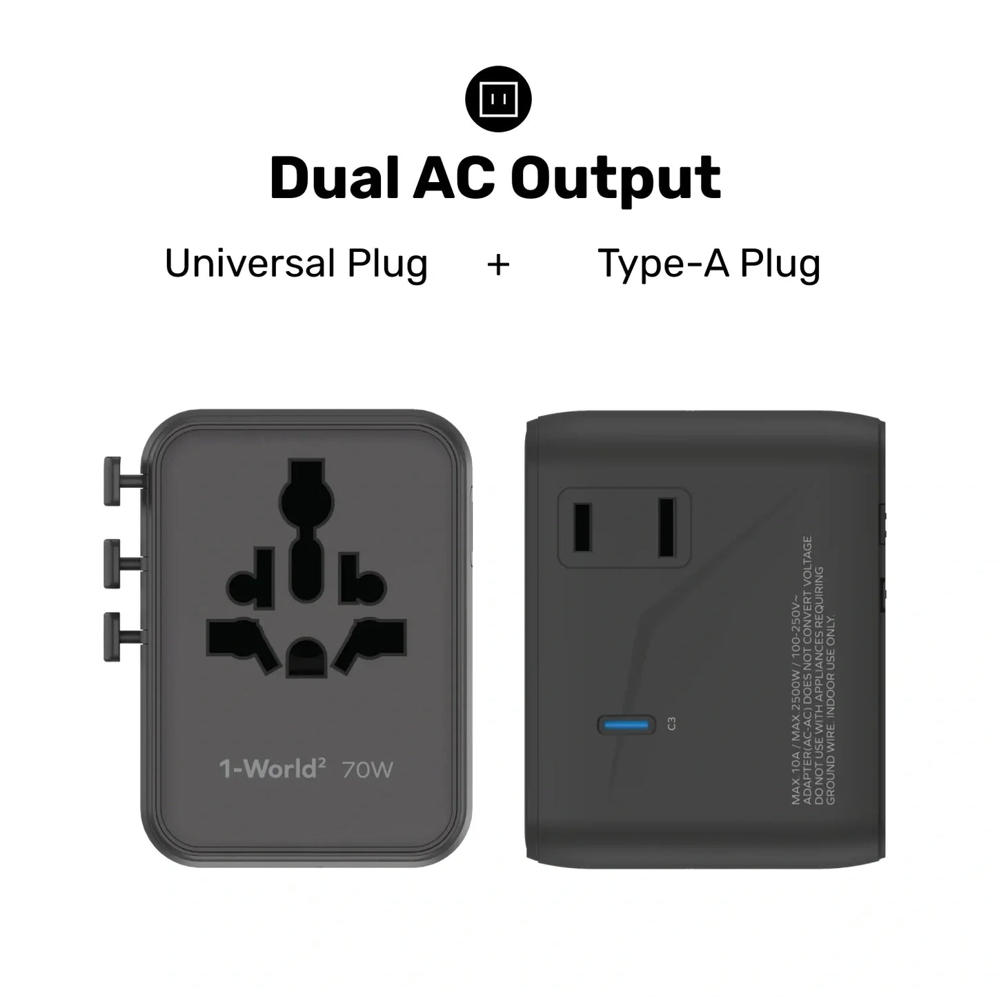 1-World² 5-Port Mini Universal Travel GaN Charger 70W with Dual AC