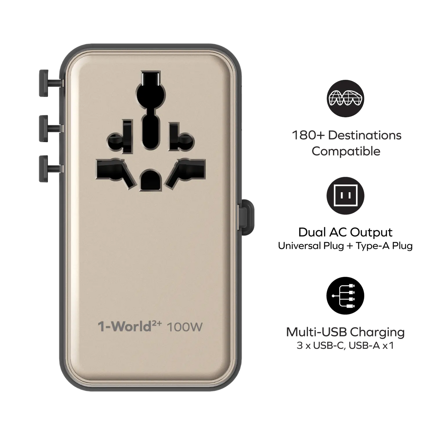 1-World²⁺ 4-Port Mini Universal Travel GaN Charger with Built-In Retractable Cable 100W with Dual AC