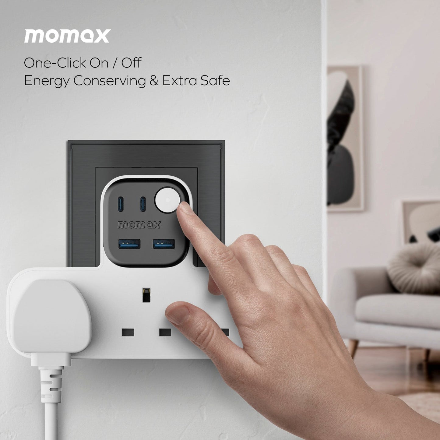 1-Charge Work Flow T-Shaped Extension Cord With 3 Sockets, 2 USB-A and 2 USB-C Ports