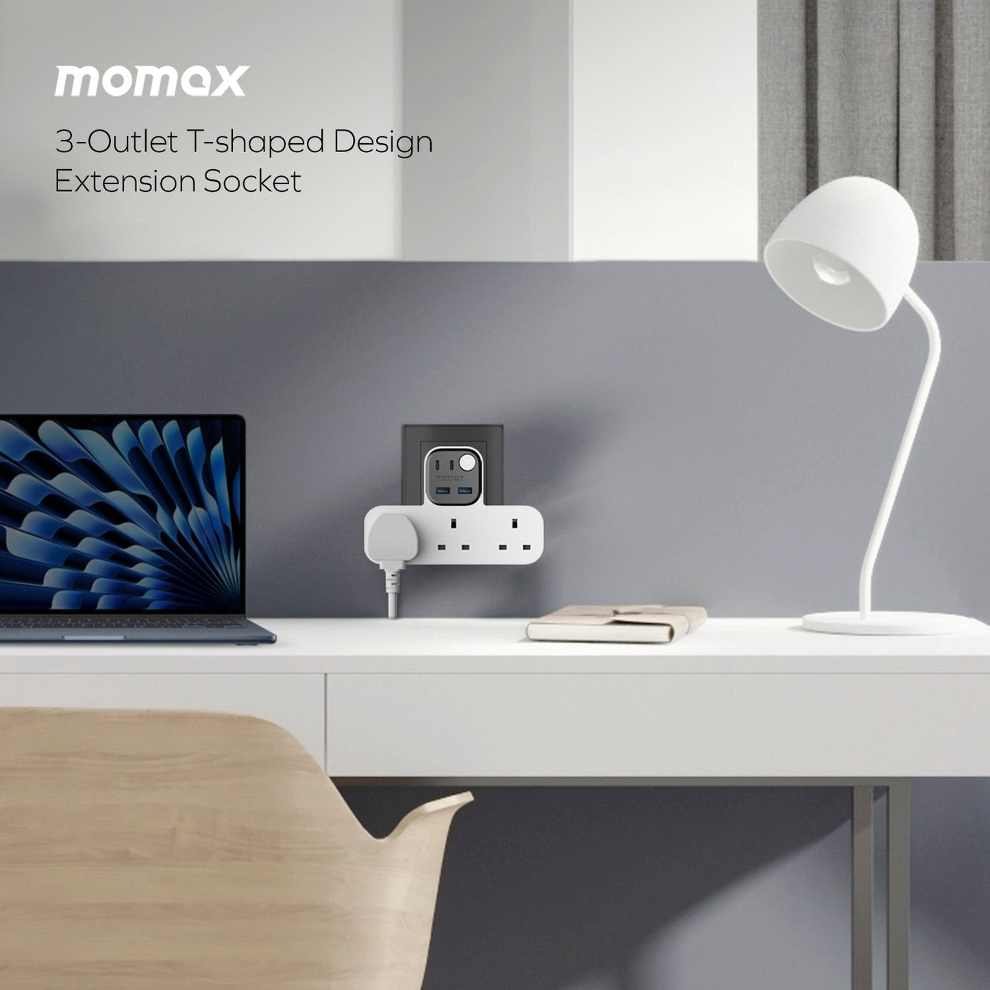 1-Charge Work Flow T-Shaped Extension Cord With 3 Sockets, 2 USB-A and 2 USB-C Ports