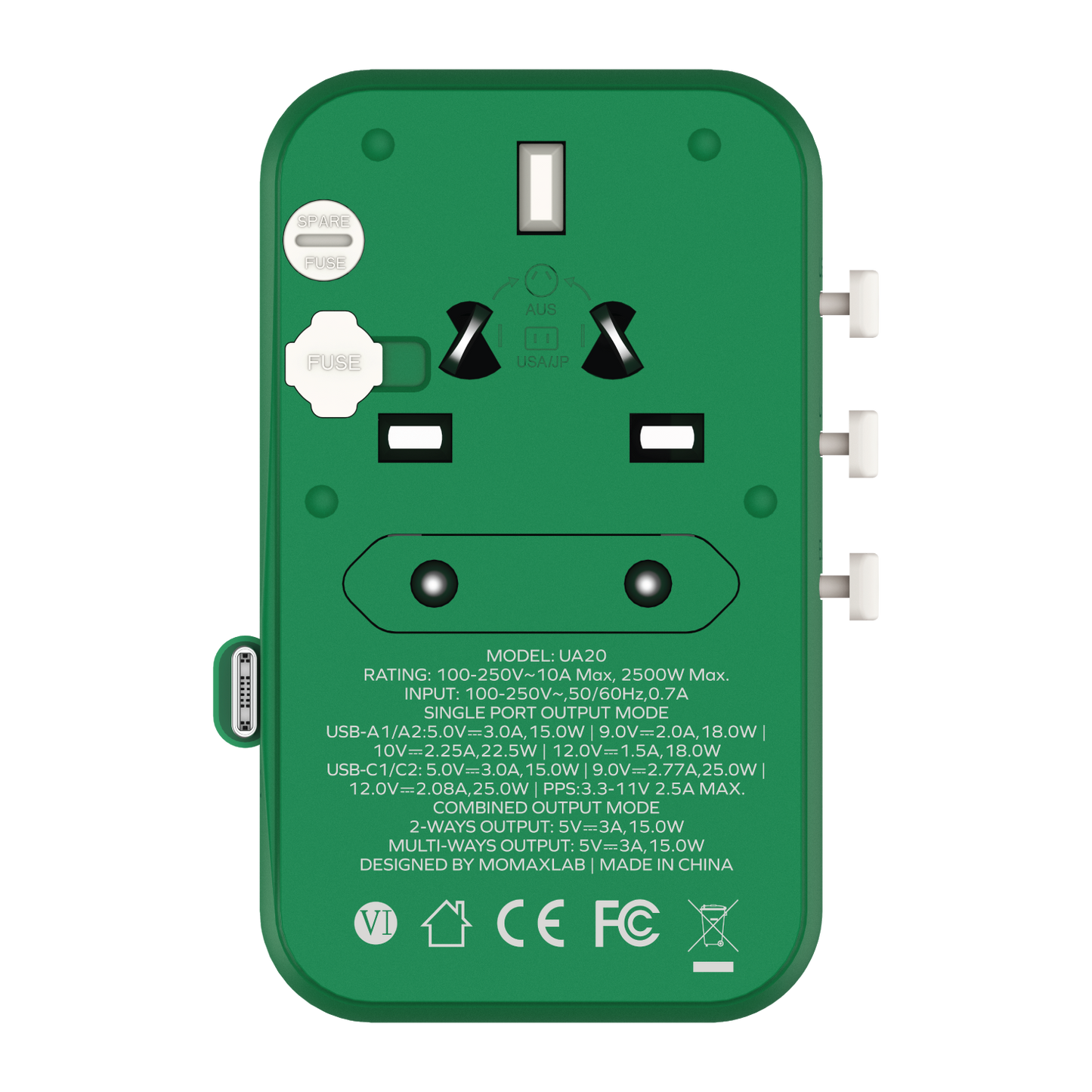 1-World+ 3-Port Travel Charger Built-In USB-C Cable 25W