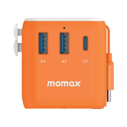 1-World+ 3-Port Travel Charger Built-In USB-C Cable 25W