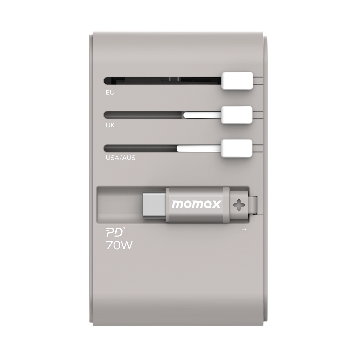 1-World+ 3-Port Travel GaN Charger With Built-in USB-C Cable 70W