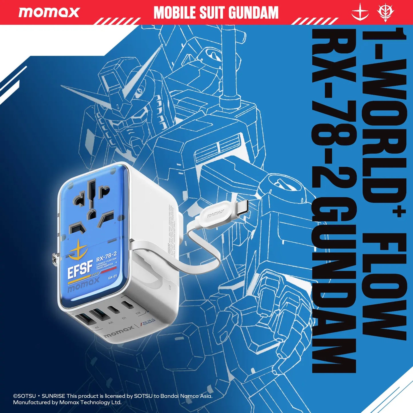 1-World+ Flow 4-Port Travel Charger With Built-In USB-C Cable 35W - Limited Edition