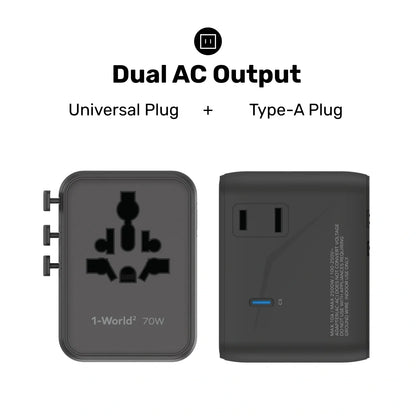 1-World² 5-Port Mini Universal Travel GaN Charger 70W with Dual AC