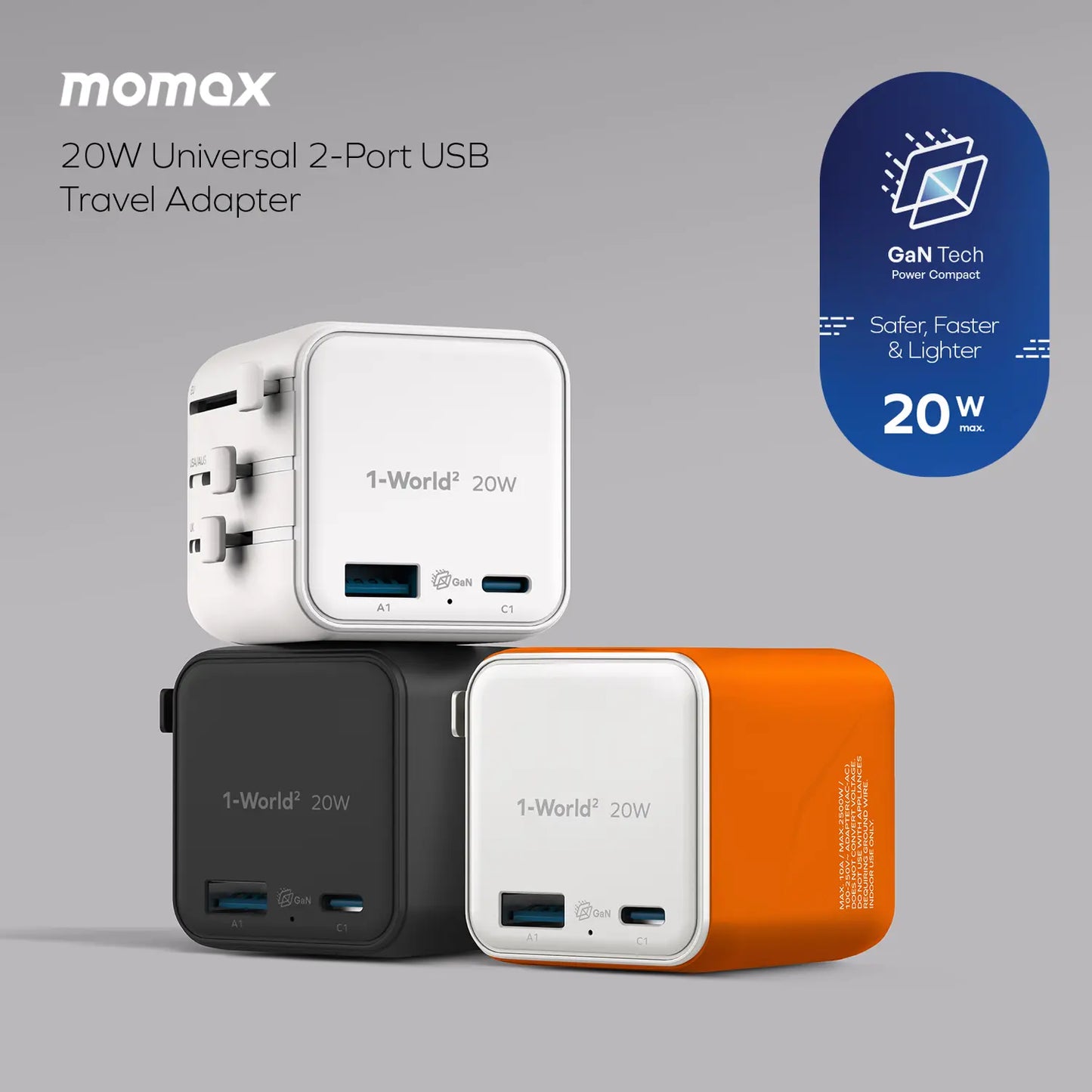 1-World² 2-Port USB-A and USB-C GaN Travel Charger 20W