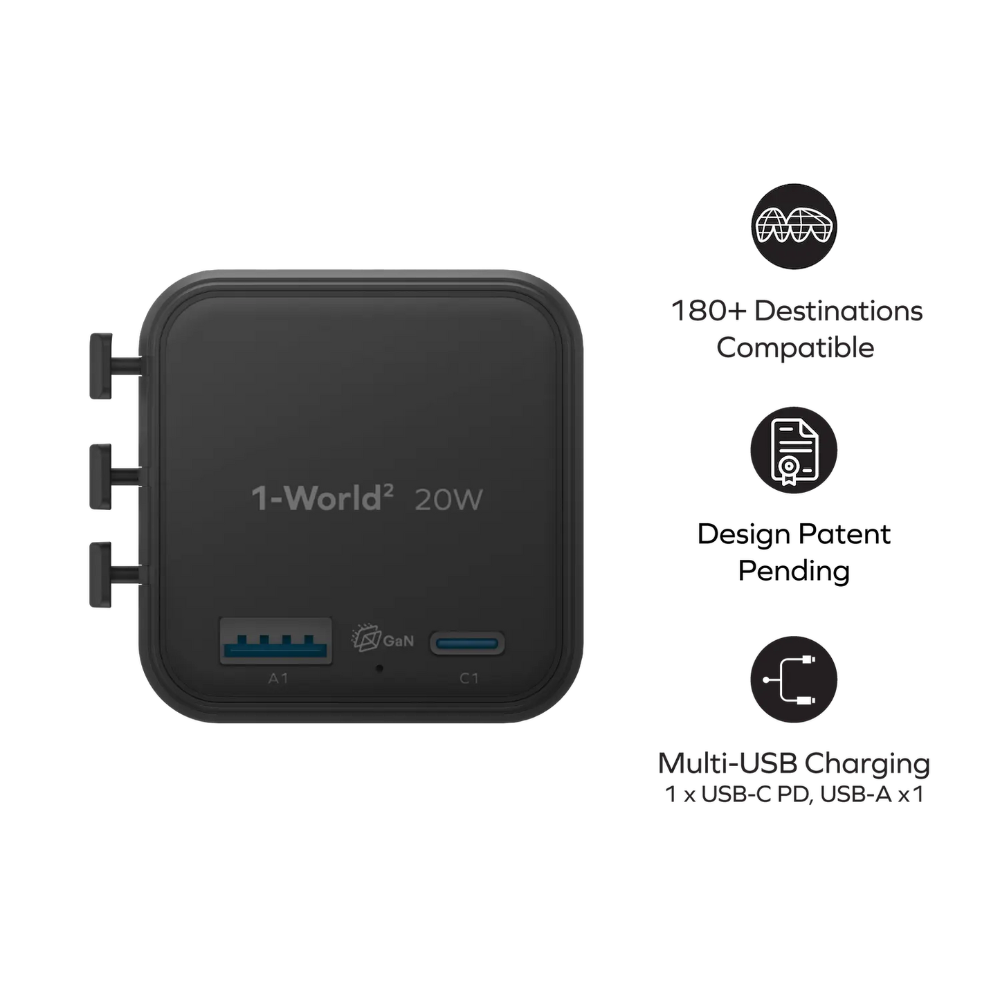 1-World² 2-Port USB-A and USB-C GaN Travel Charger 20W