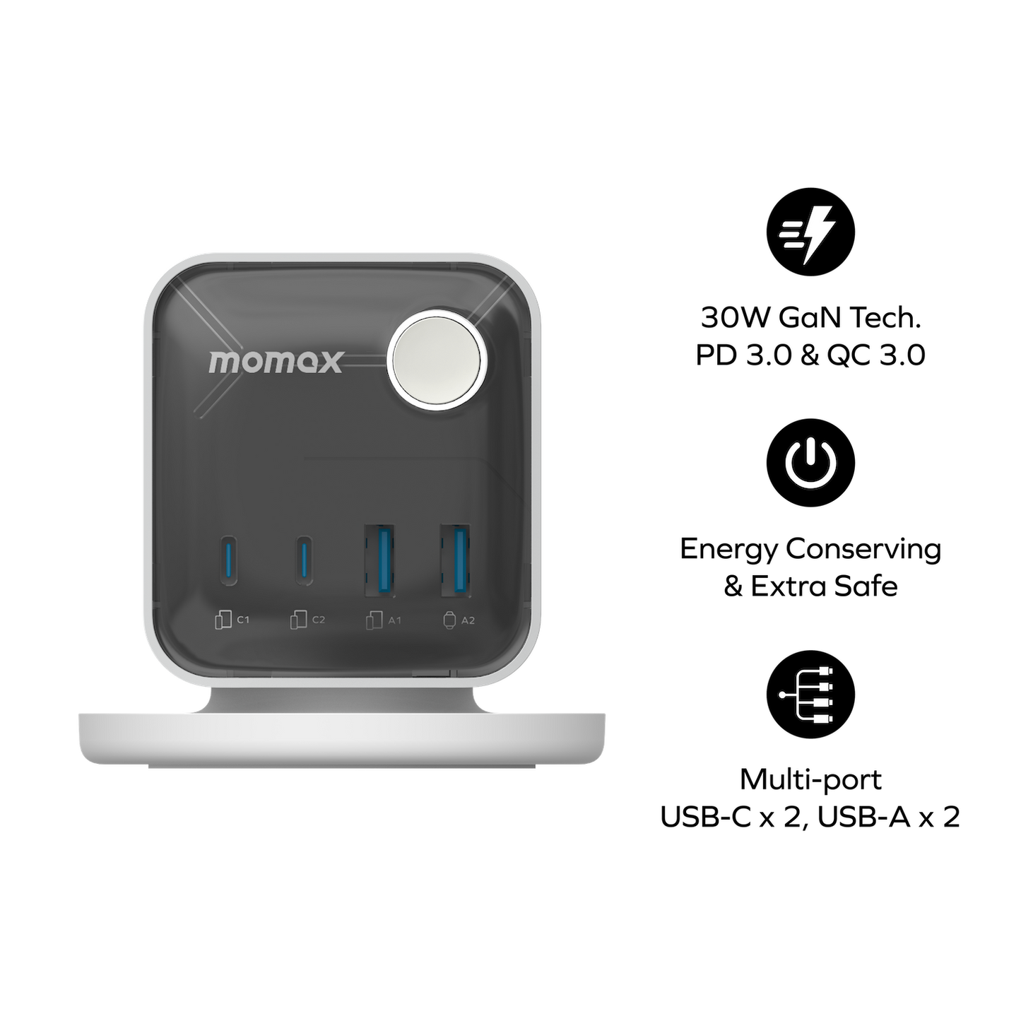 1-Charge Work Flow 3-Outlet GaN Power Cube 30W with USB Ports